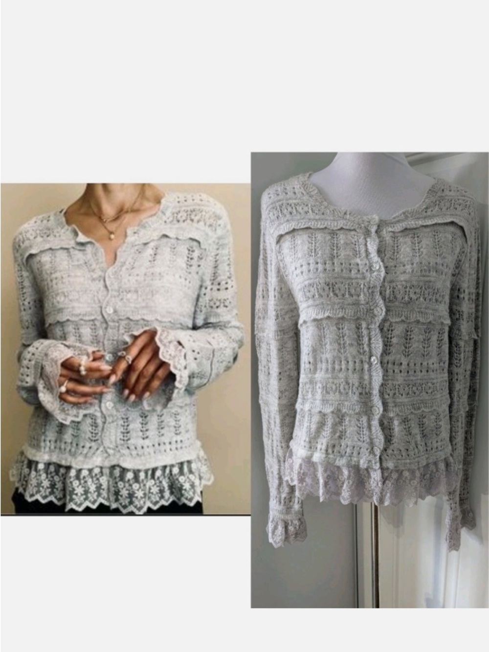 Caroline Constas Pale Gray Lace-Trim Cardigan Sweater